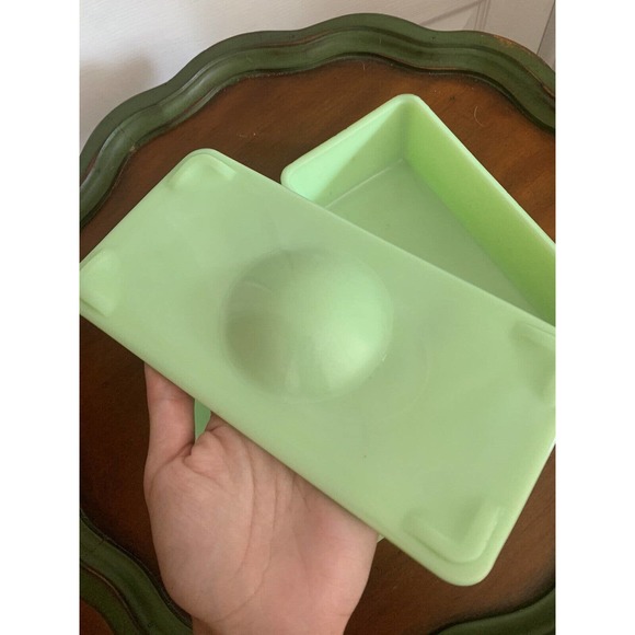 Copied - Vintage Jadite Refrigerator Dishes, 1 lid, 8.5 X 4.25, Glows - Picture 6 of 9